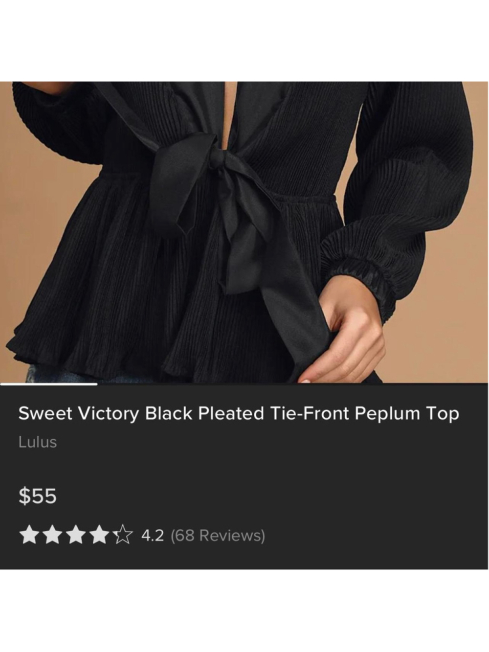 Lulus black pleated blouse with tie detail Size S (but stretchy and would also f - Picture 2 of 6
